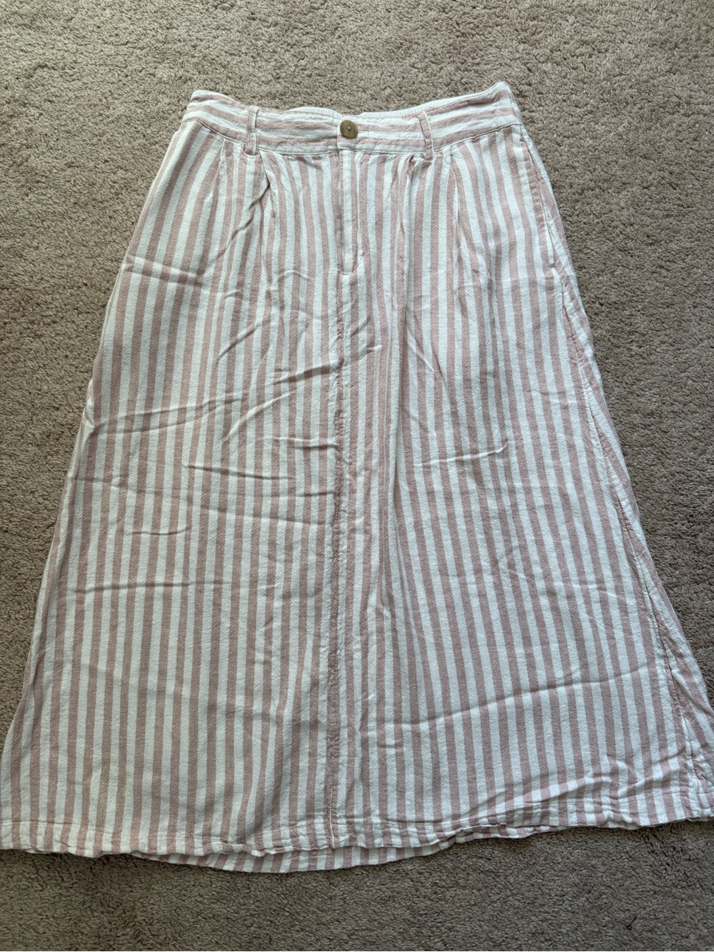 Pink Striped Linen Blend Midi Skirt